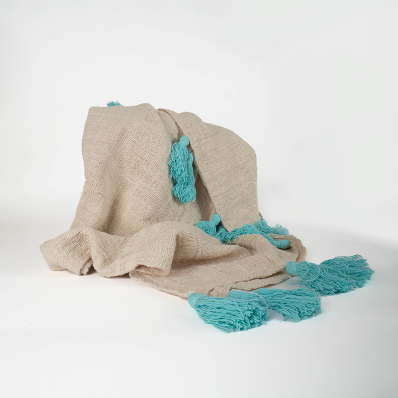 Sud Nomade - Plaid beige pompons bleu turquoise