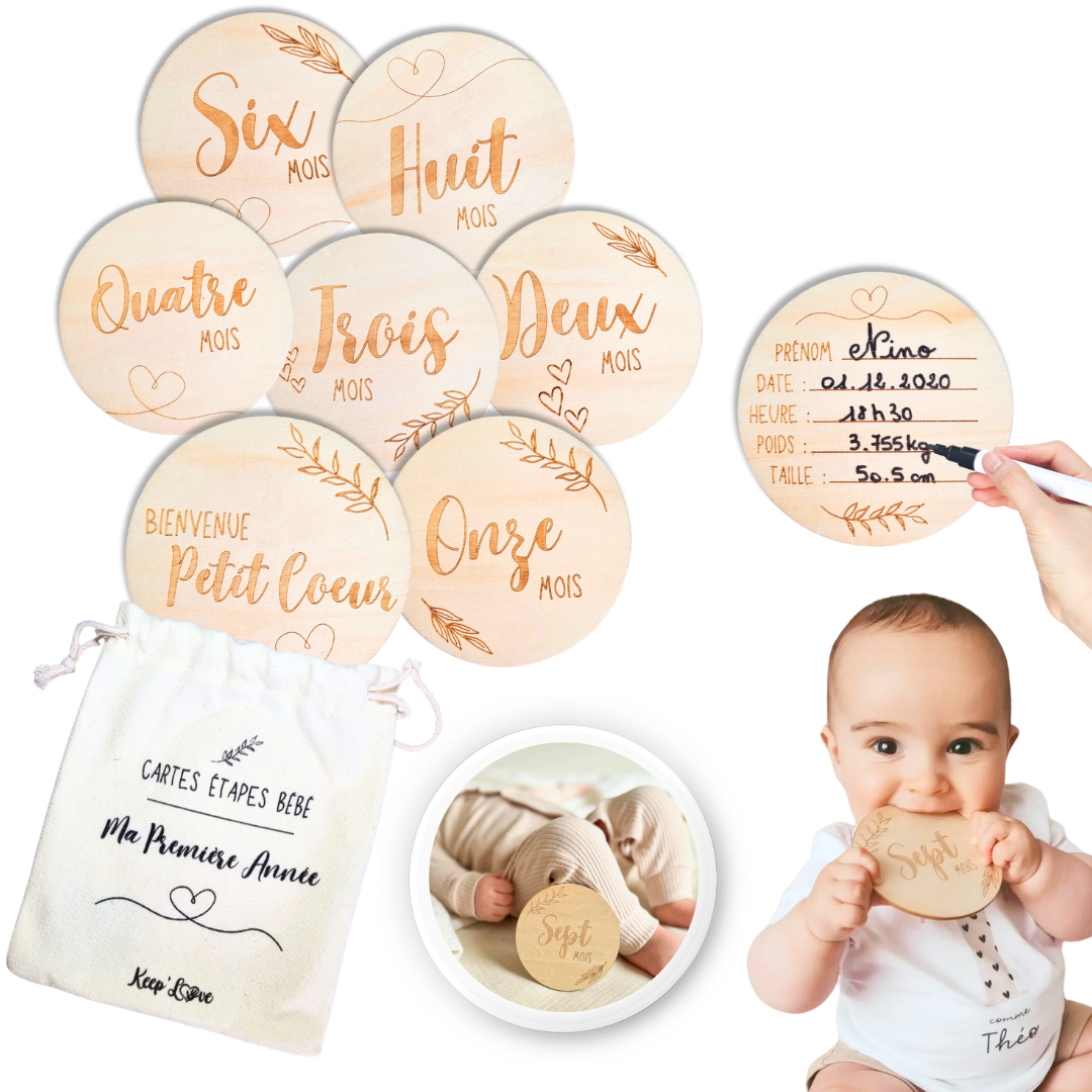DBREAKS Cartes Étape Bébé en Bois, 14 Cartes Mensuelles pour la Naissance à 1 An, Enregistrer la Grossesse et la Première Année du Bébé, Cadeau de Naissance et Baptêmes
