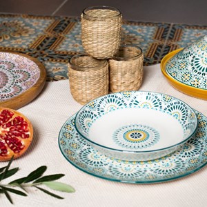 Plateau en jonc avec 6 verres, mandala