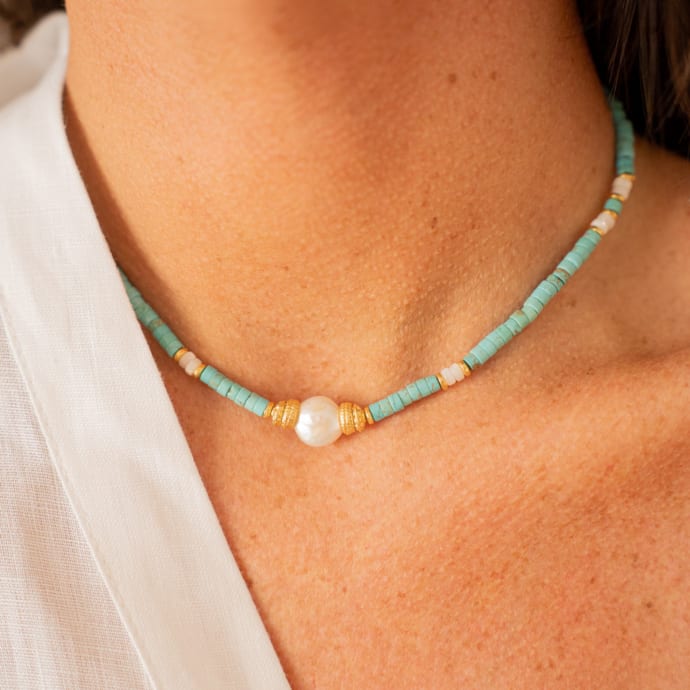 Collier Ras De Cou Vintage En Pierre Bleu-vert - Bijou Fantaisie Occasion