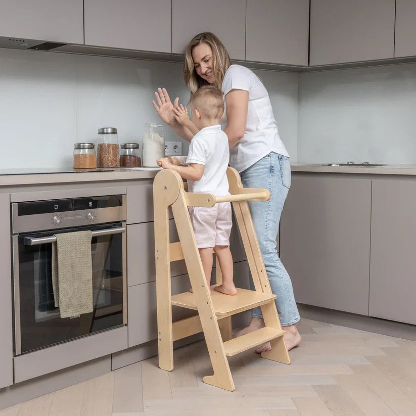 Tour Cuisine Avec Tableau Activités Tour D'apprentissage Montessori En Bois Pliable - Sécurisée, Avec Tableau D'activités Et Design Grenouille Tour Sécurité Arceau Protection