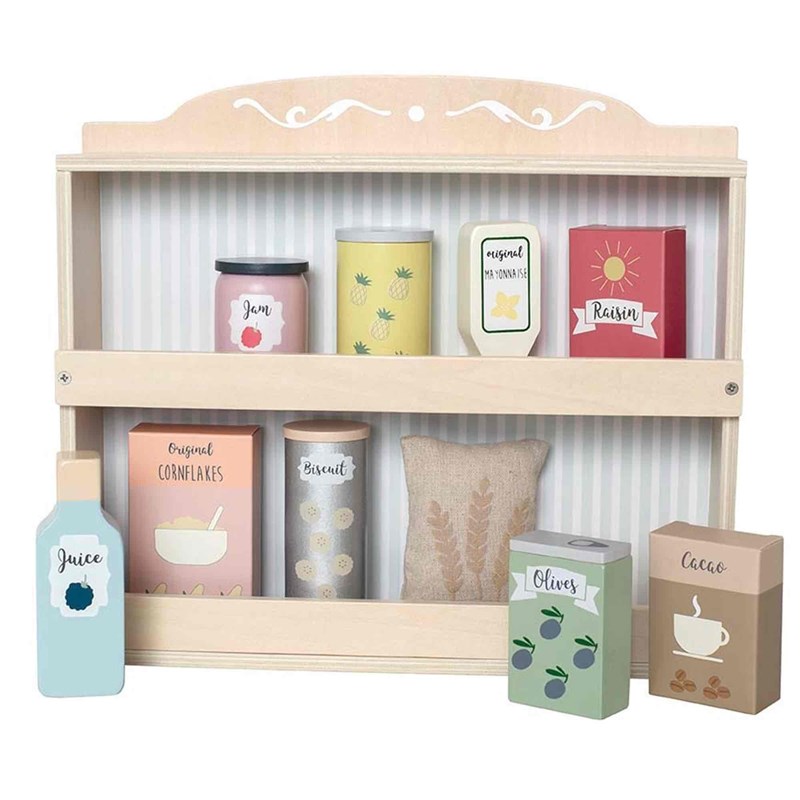 Jouet en bois - etagère avec épicerie