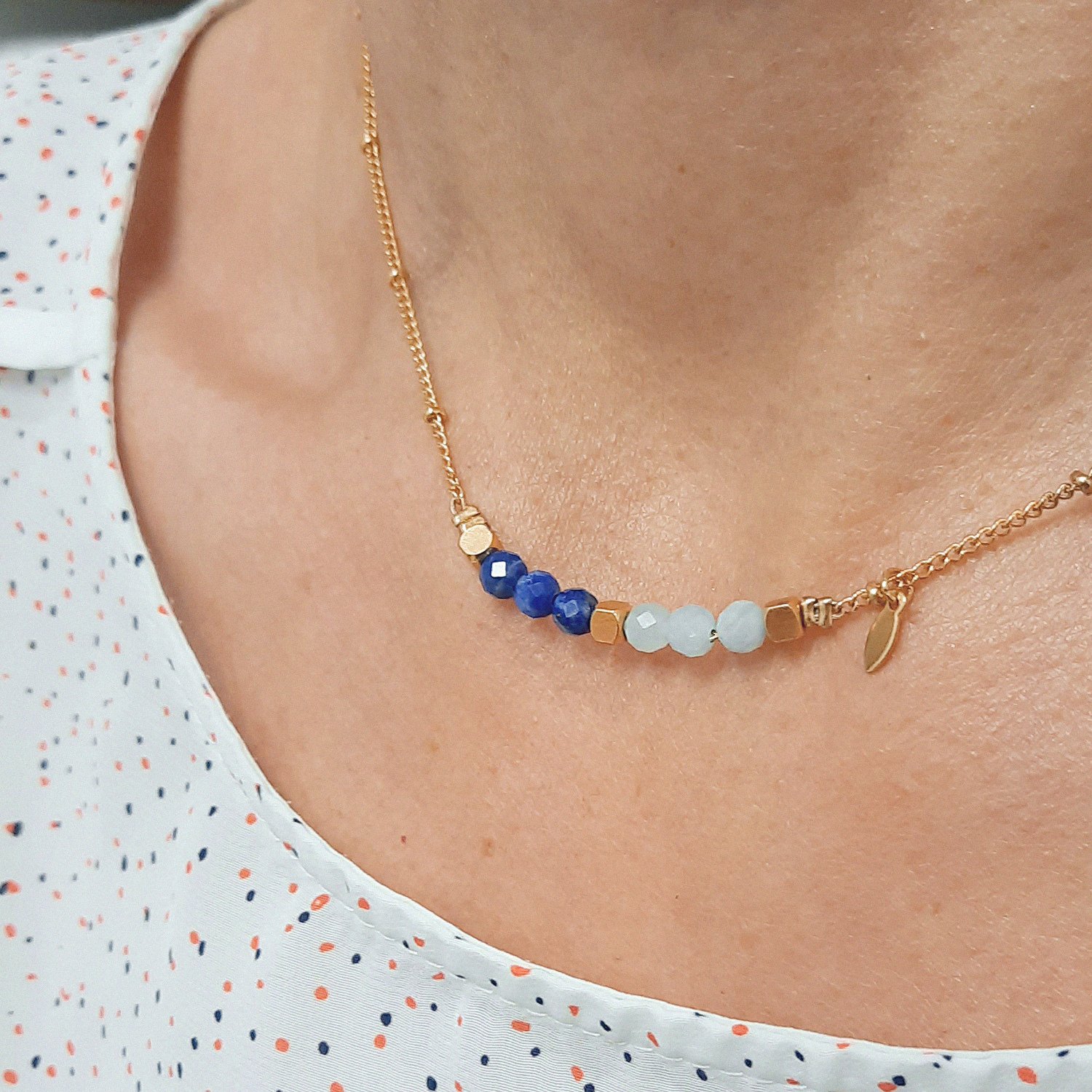 Collier Pendentif Pierre Bleue Naturelle - Cristal & Améthyste - Chaîne Cuir ~20cm - Cadeau Énergétique - 7