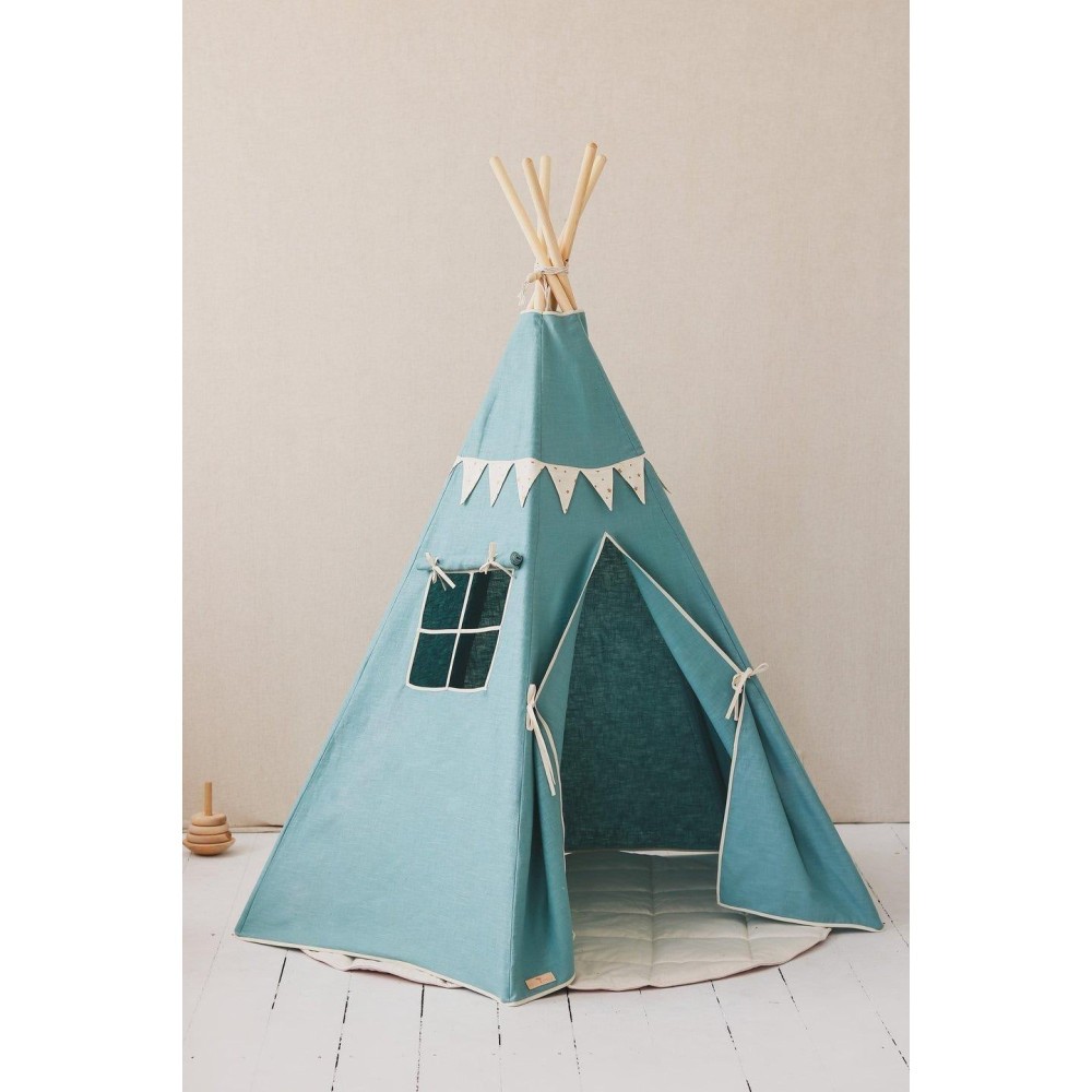 Tente Tipi Enfant Avec Tapis Et Guirlande Lumineuse - 120x120x140 Cm - Bleu - Pour Chambre, Jeu, Fête