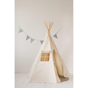 Tente tipi pompoms gris avec tapis