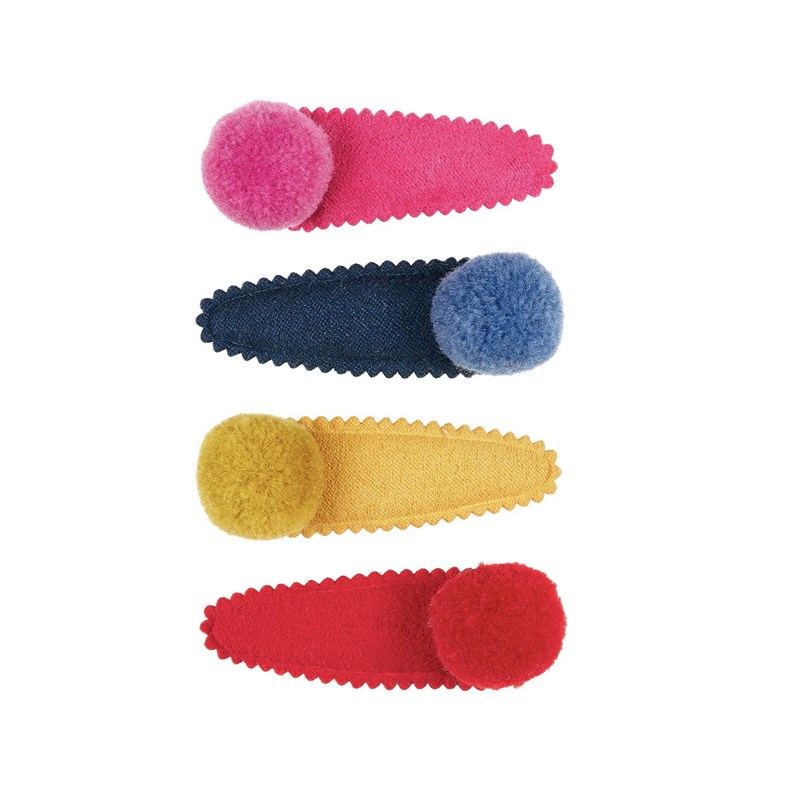 4 barrettes plien tissu et pompons