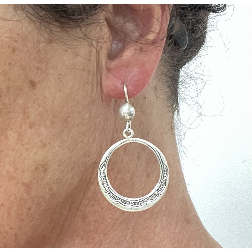 Boucles D'oreilles Créoles Ethniques Argentées Avec Turquoise - Fantaisie, Dormeuses