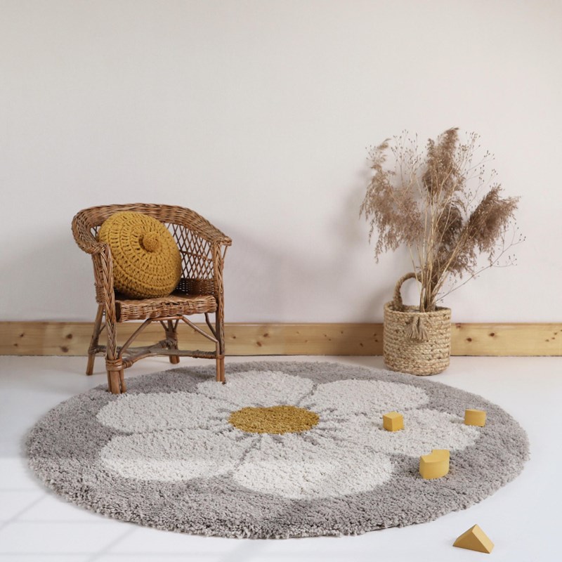 Tapis bohemian daisy rond beige
