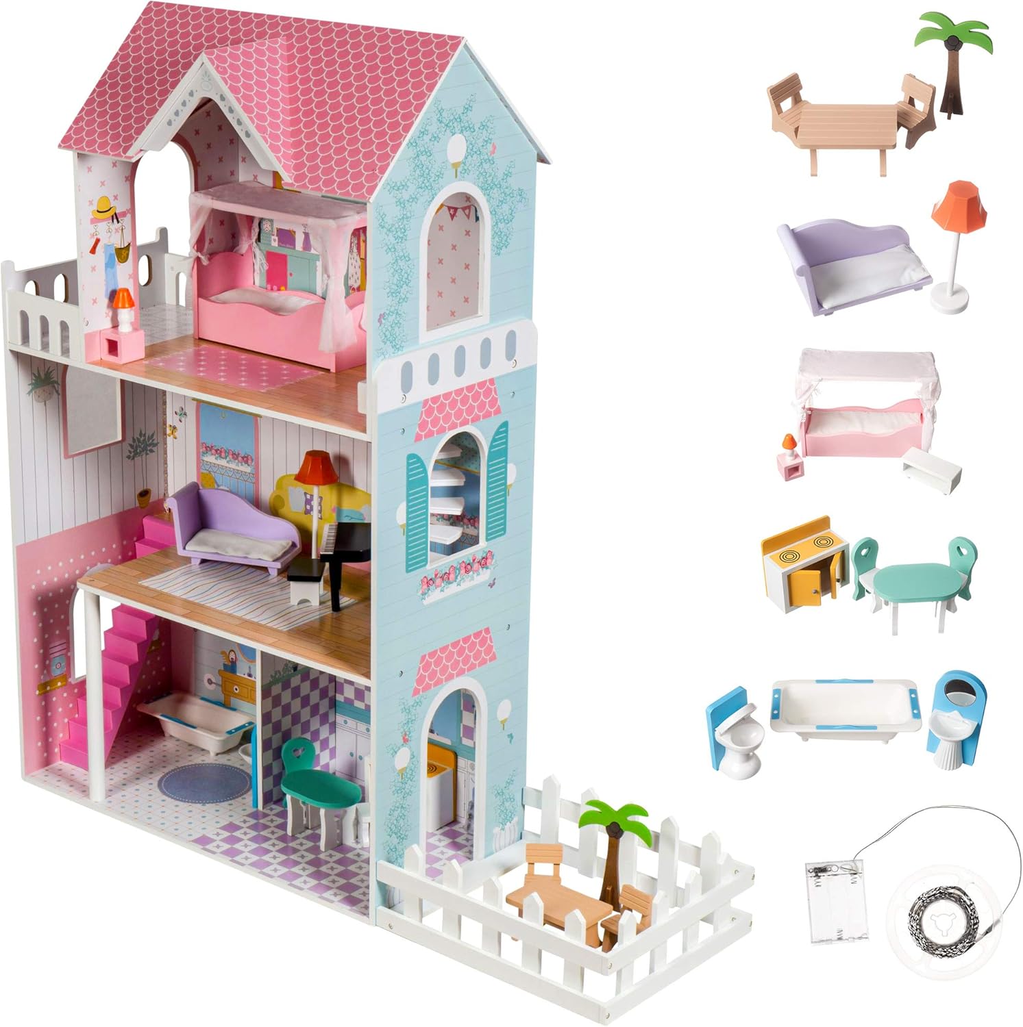 Maison de poupée 4 étages Luxe pour filles avec poupées et accessoires