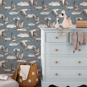 Papier peint oies bleu