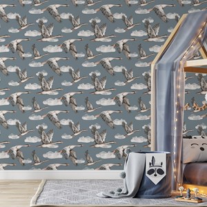 Papier peint oies bleu