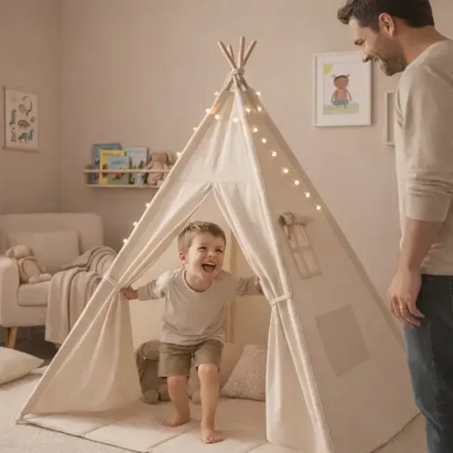 Babykare - Tente tipi enfant beige avec tapis de sol et guirlande, coton et pin naturel