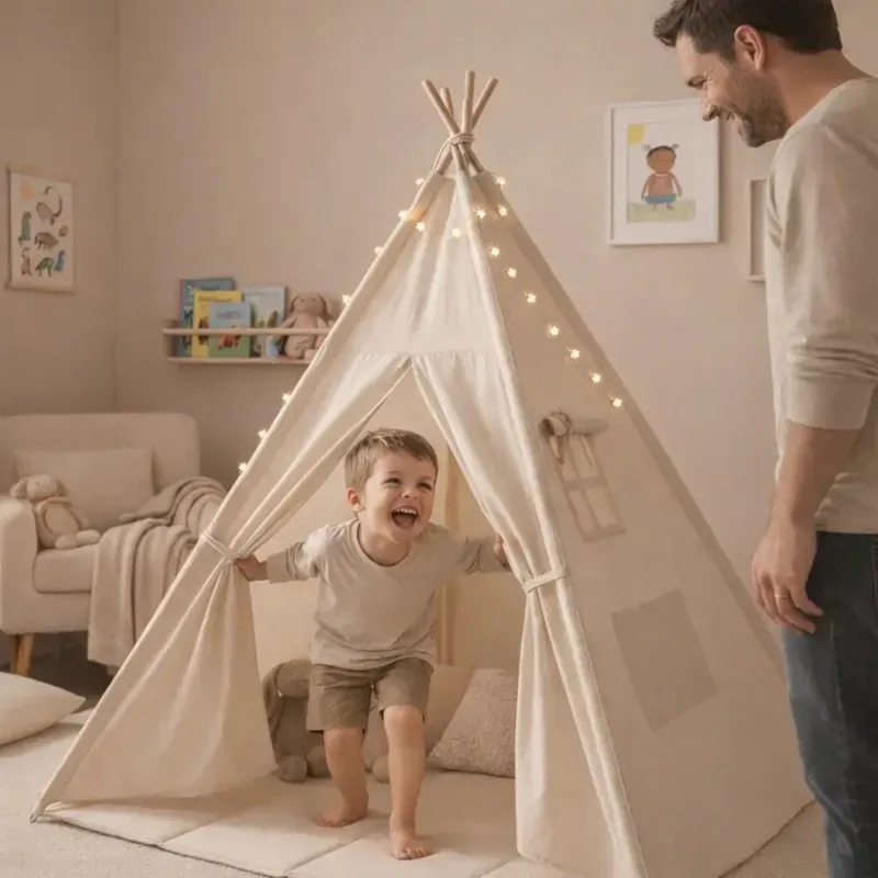 Tente tipi enfant beige avec tapis de sol et guirlande, coton et pin naturel (Babykare) - Couverture