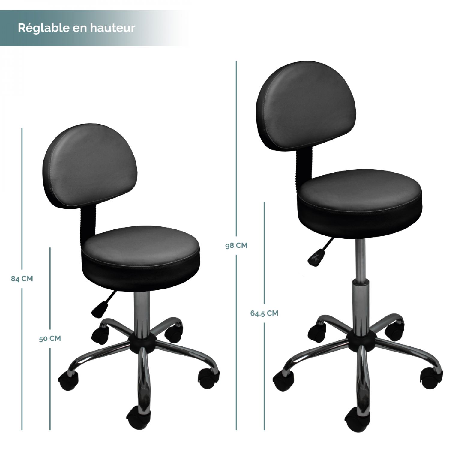 TactFire Tabouret De Bureau Avec Dossier - Tabouret Rond à Roulettes Rotation 360° Hauteur Réglable 49-64 Cm - Noir - Pour Salon, Massage, Clinique
