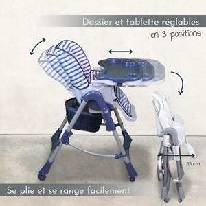 Chaise haute bébé pliable rayée bleu