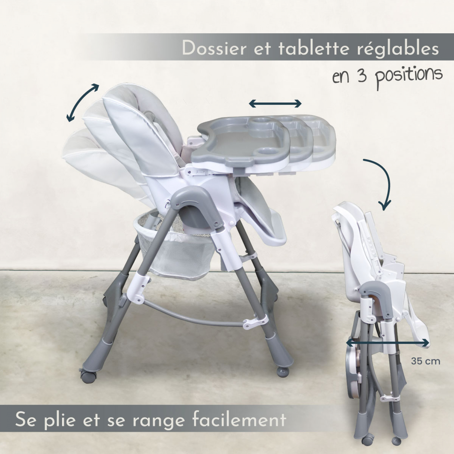 Chaise Haute Bébé Twinky Baby ECO - Pliable - Fonction Allongée - Table Incluse - Noir