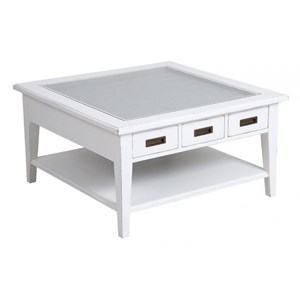 Table basse carrée plateau vitré bois