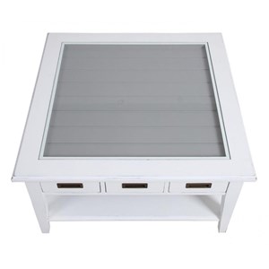 Table basse carrée plateau vitré bois