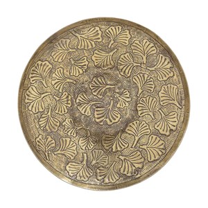 Plateau rond en alu frappé finition or vieilli motif ginko