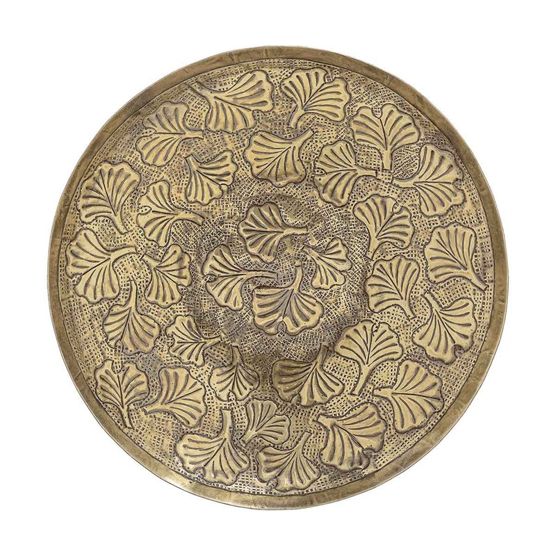 Plateau rond en alu frappé finition or vieilli motif ginko