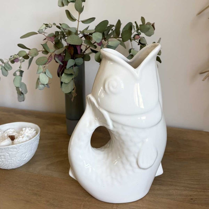 Pichet ou vase poisson blanc cassé en céramique