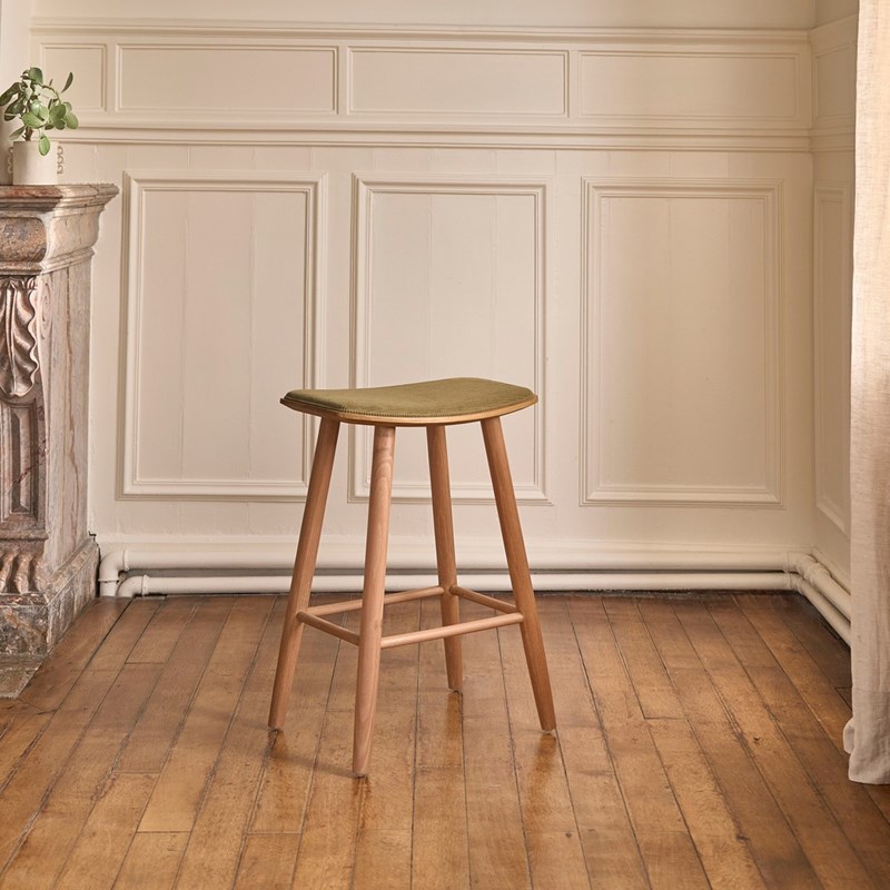 Tabouret en teck et velours cotelé 65 cm