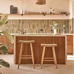 Tabouret en teck et velours cotelé 65 cm