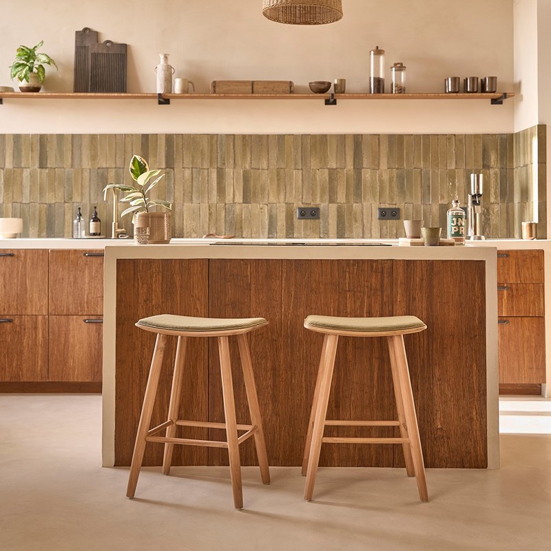 Lot de 2 tabourets teck et velours 65 cm