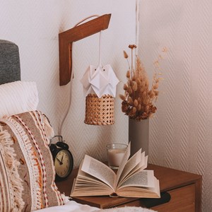 Applique murale en bois et petite suspension en papier et cannage