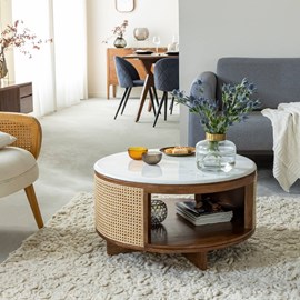 Table basse en bois de manguier, cannage et marbre brook