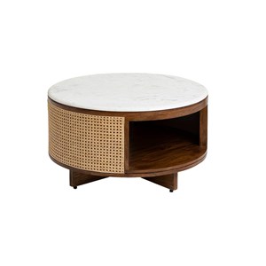 Table basse en bois de manguier, cannage et marbre brook