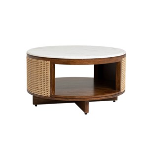 Table basse en bois de manguier, cannage et marbre brook