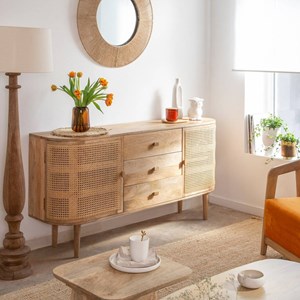 Buffet en bois de manguier et cannage