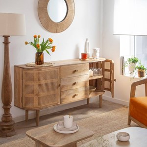Buffet en bois de manguier et cannage