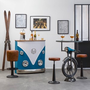 Meuble bar combi bleu avec plateau bois