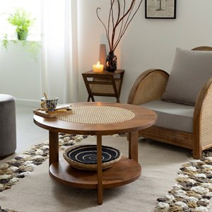 Table basse en bois et cannage