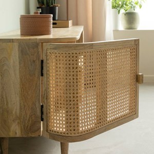 Meuble tv en bois de manguier et cannage