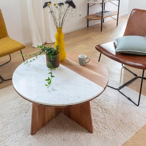 Table basse ronde en bois et marbre
