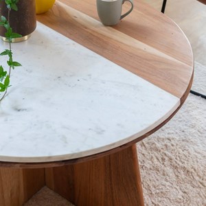 Table basse ronde en bois et marbre