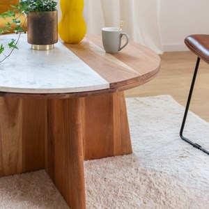 Table basse ronde en bois et marbre