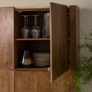 Buffet haut en bois massif et travertin