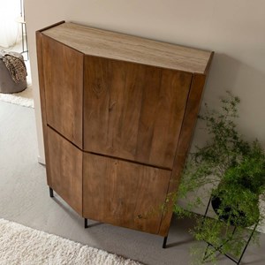 Buffet haut en bois massif et travertin