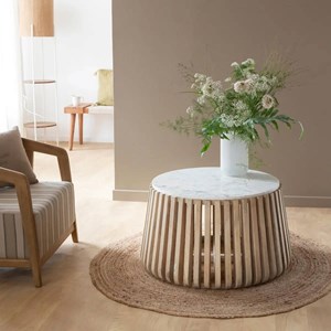 Table basse ronde en bois et marbre