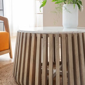 Table basse ronde en bois et marbre