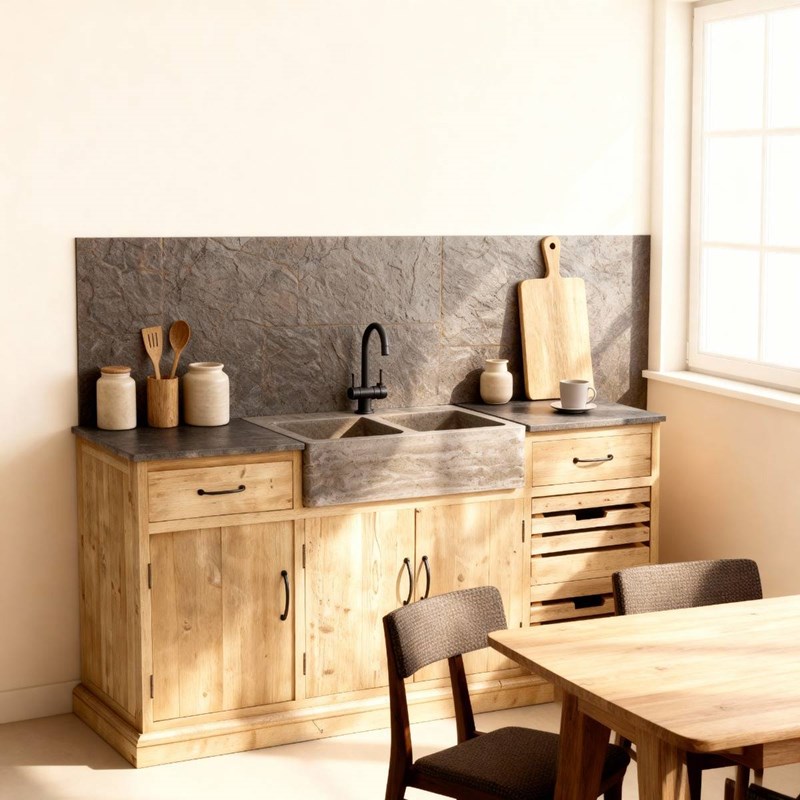 Meuble bas de cuisine en bois et pierre