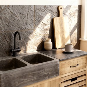 Meuble bas de cuisine en bois et pierre