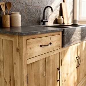 Meuble bas de cuisine en bois et pierre