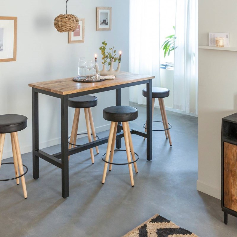 Table haute en bois de manguier et métal