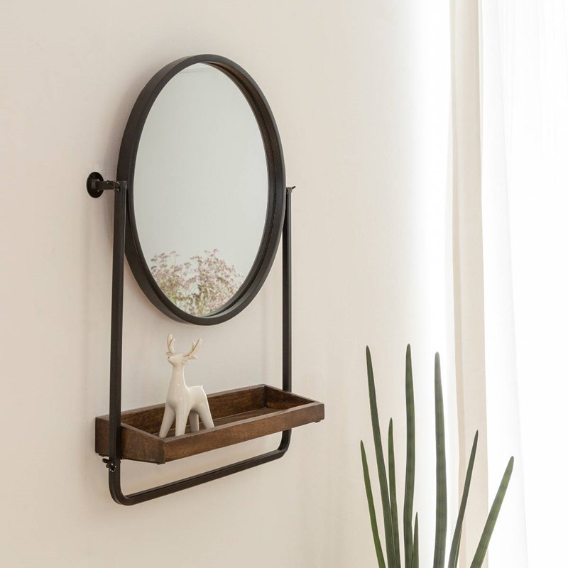 Miroir rond avec étagère bois et métal