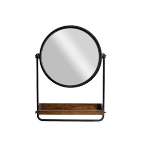 Miroir rond avec étagère bois et métal